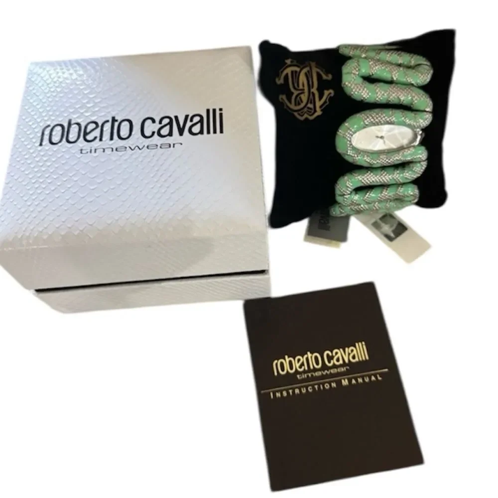NEW Roberto Cavalli Mint Green Cleopatra Snake Enamel Silver Oval Dial Watch
